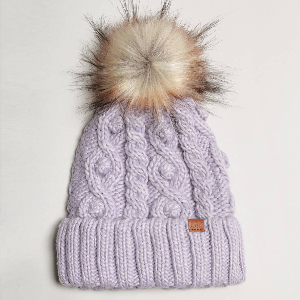 Popcorn Trim Knit Beanie w Faux Fur Pom: Pink / One Size
