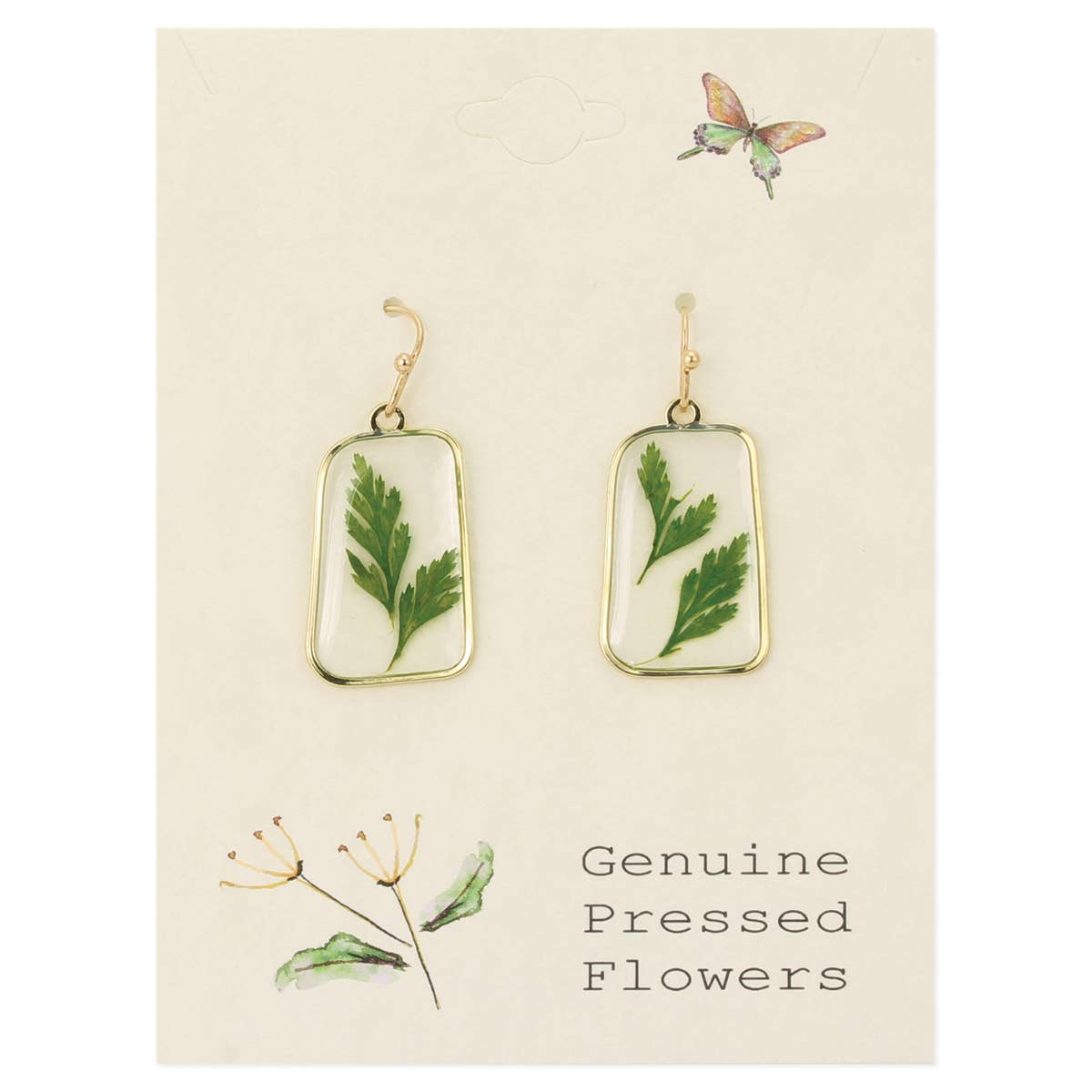 Dried Flower Gold Earrings with Ferns