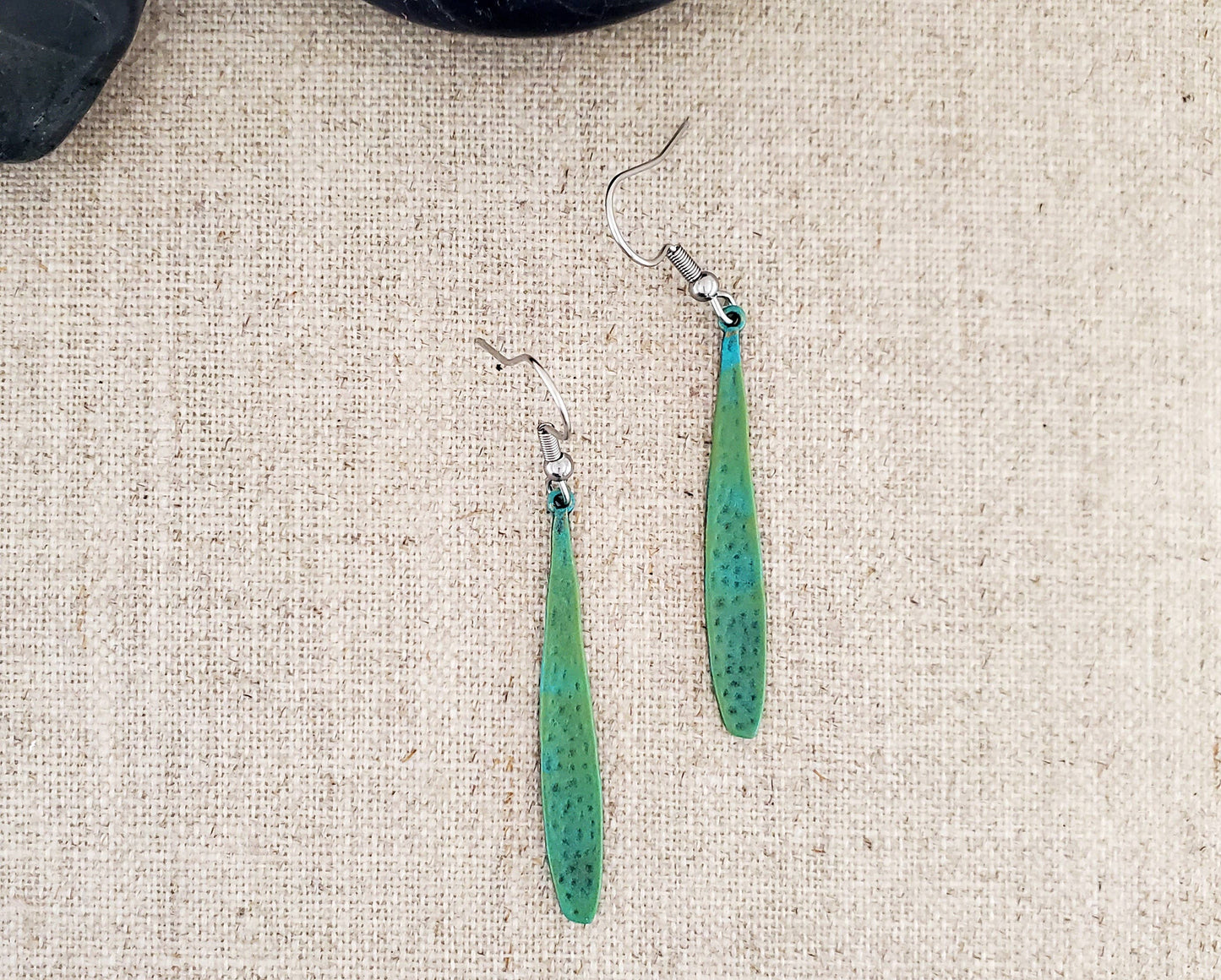 Brass Long Thin Drop Paint Patina Earrings