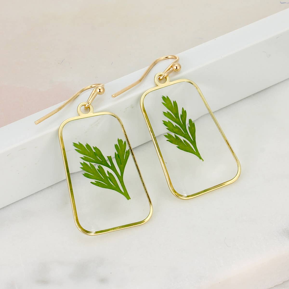 Dried Flower Gold Earrings with Ferns