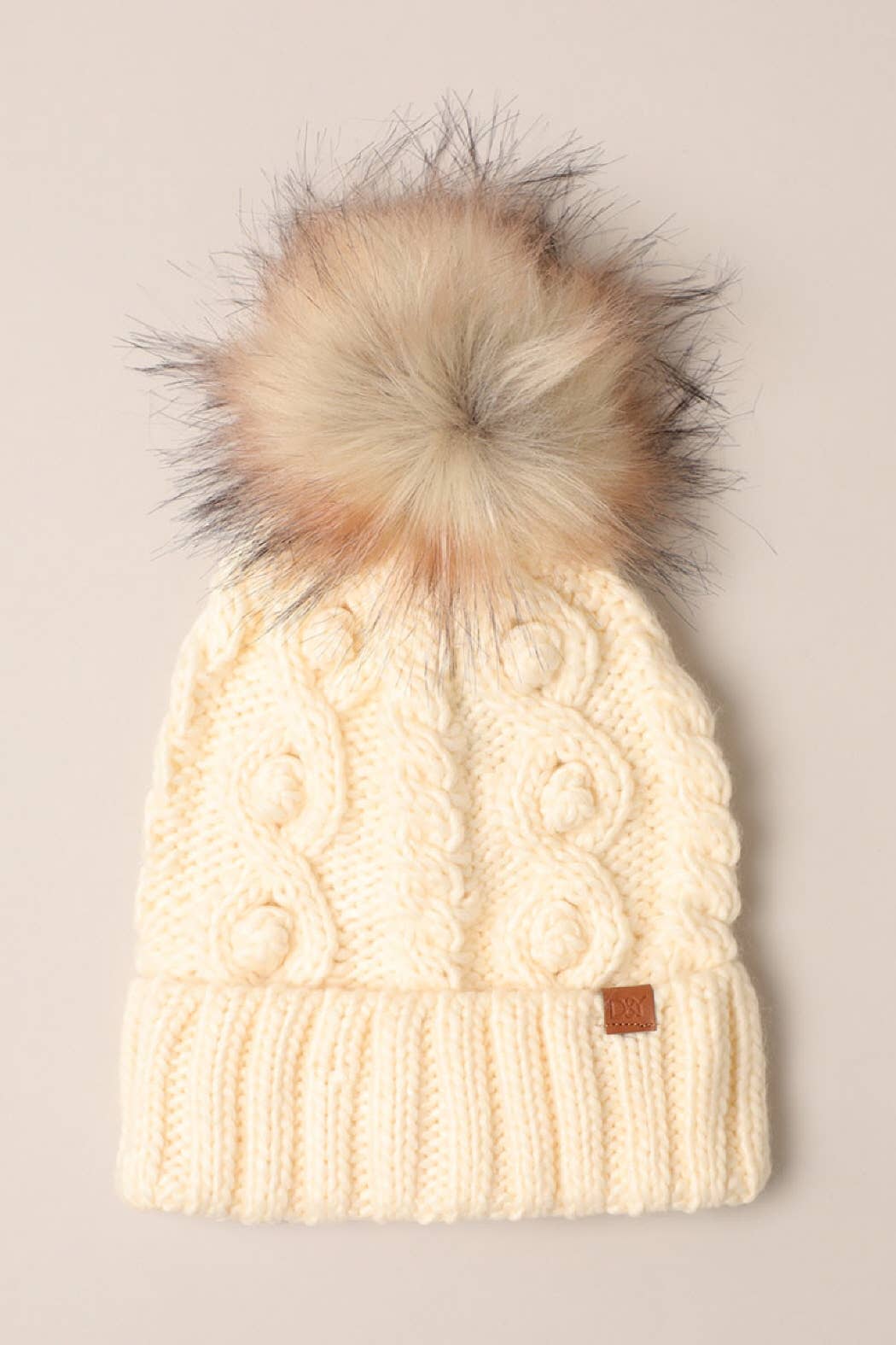 Popcorn Trim Knit Beanie w Faux Fur Pom: Pink / One Size