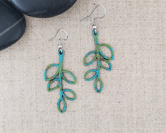 Thin Brass Branch Earrings with Han-Painted Patina