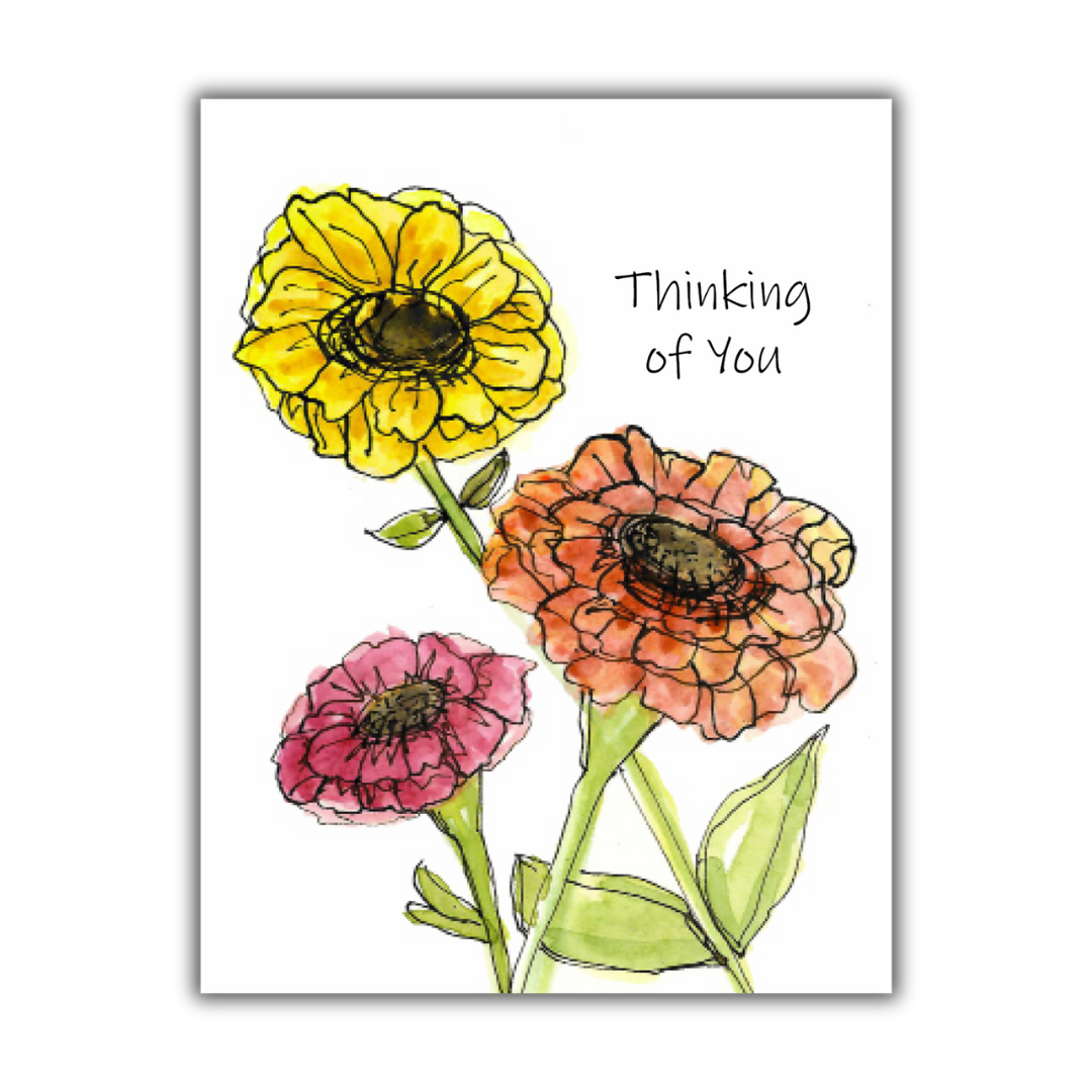 Thinking of You Card with Watercolor Zinnias