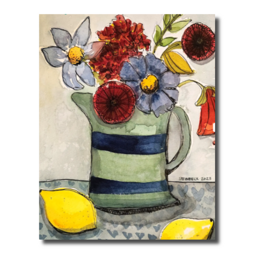 Striped Jug Watercolor Note Card with Flowers and Lemons