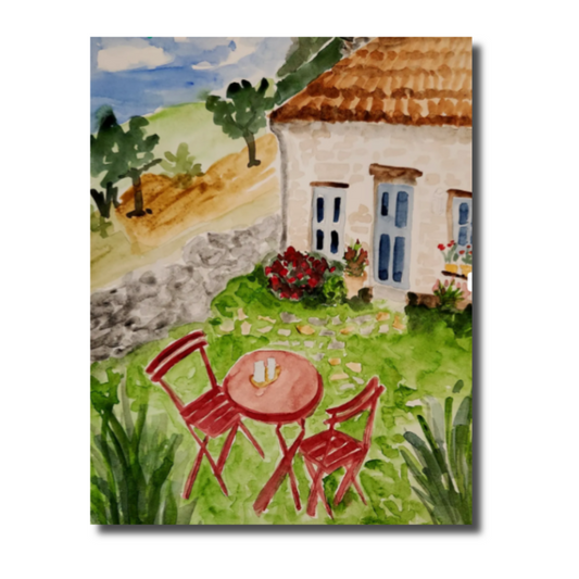 Cottage with Red Chairs Watercolor Note Card