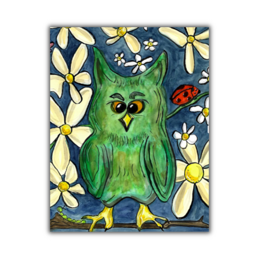 Night Owl Note Card with Daisies and Ladybug