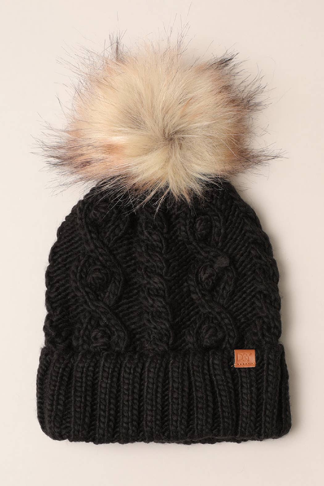 Popcorn Trim Knit Beanie w Faux Fur Pom: Pink / One Size