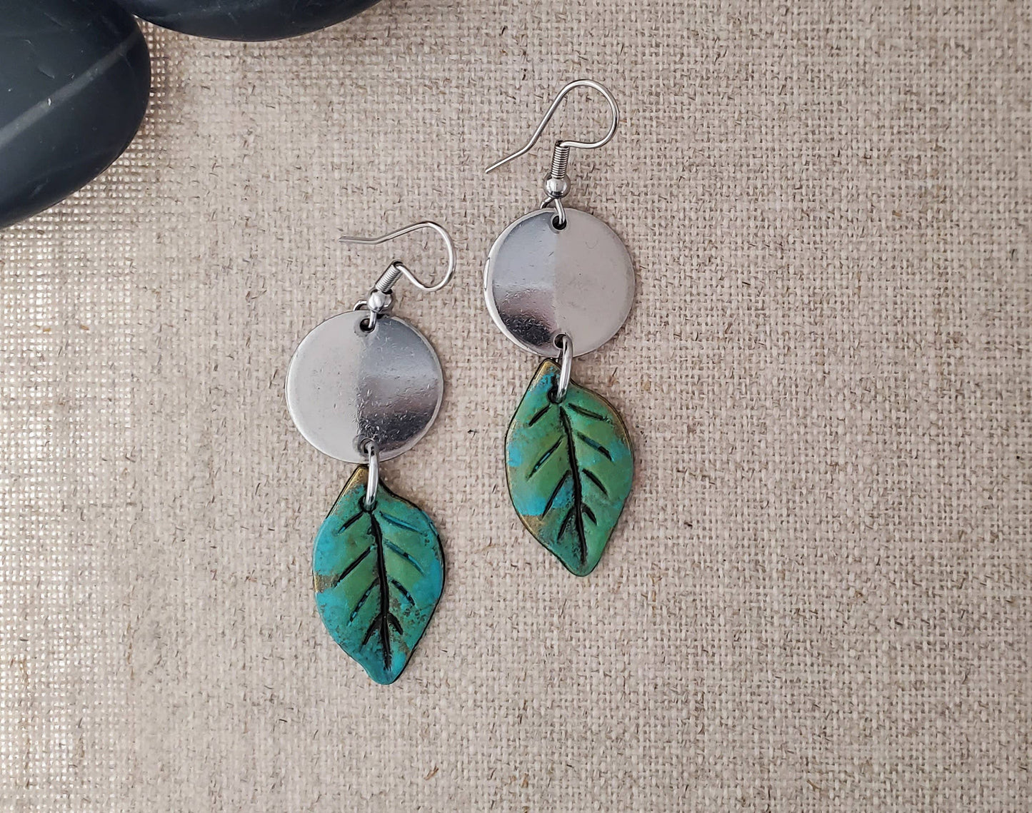 Brass Leaf Paint Patina with Stainless Connector Earrings