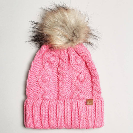 Popcorn Trim Knit Beanie w Faux Fur Pom: Pink / One Size