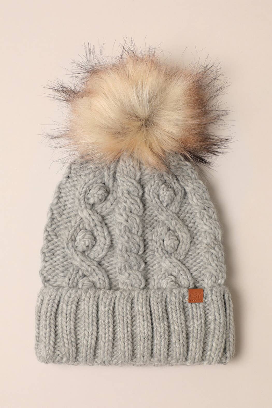 Popcorn Trim Knit Beanie w Faux Fur Pom: Pink / One Size