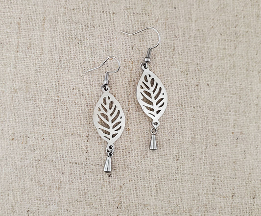 Stainless Steel Open Leaf with Drop Earrings