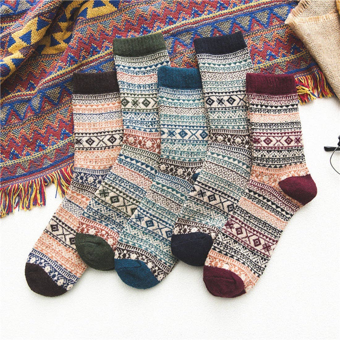 Rufia - 5 Pairs Unisex Bohemian Wool Blend Socks
