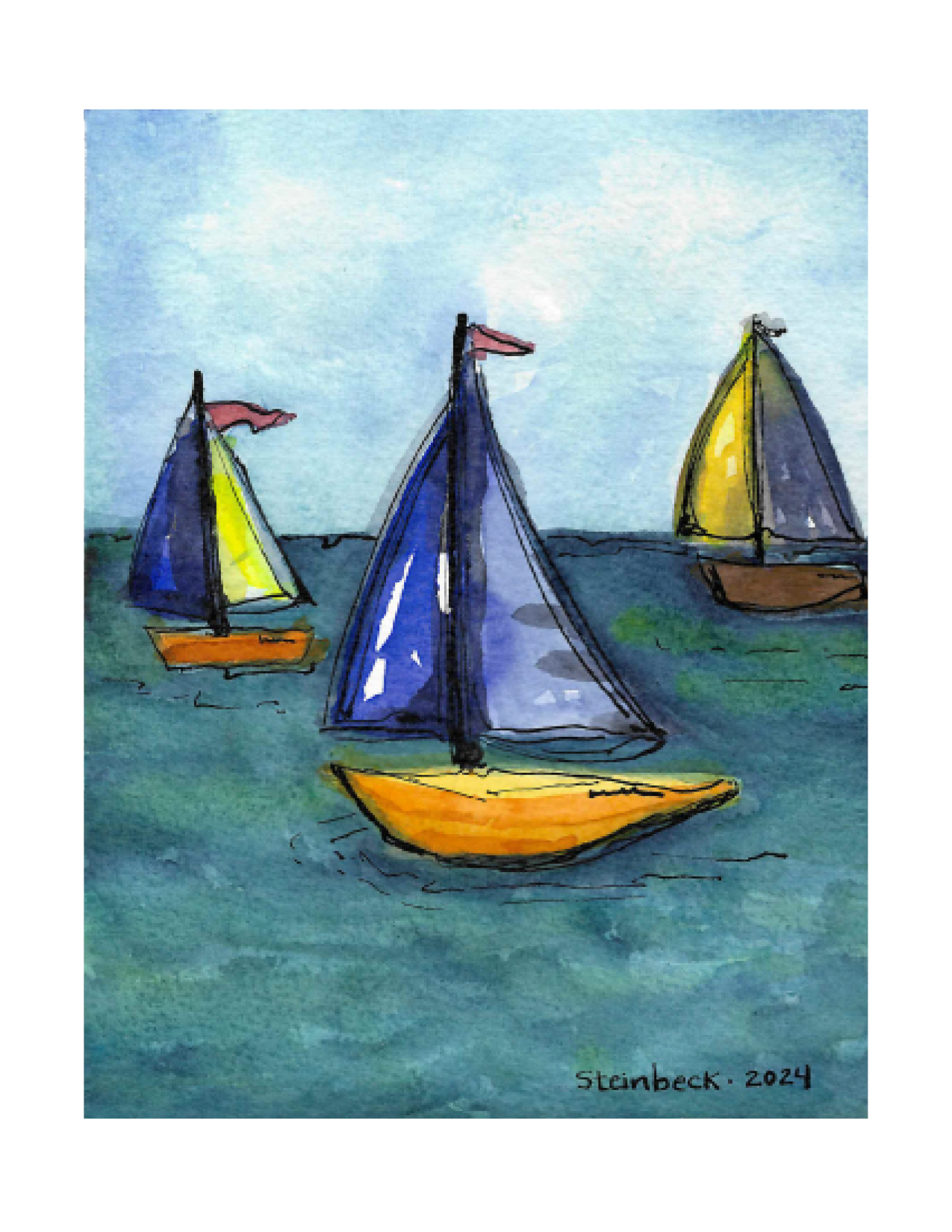 Sailboats Note Card, Watercolor Art