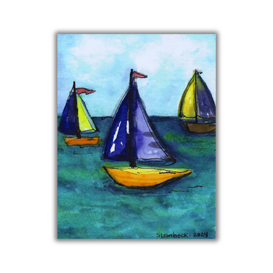 Sailboats Note Card, Watercolor Art