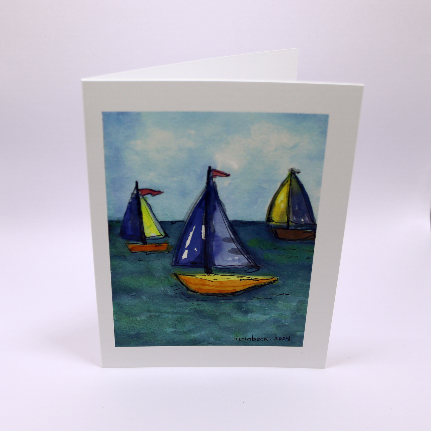 Sailboats Note Card, Watercolor Art