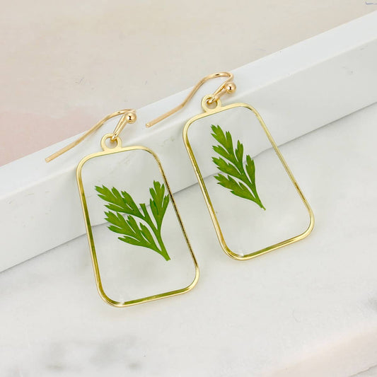 Dried Flower Gold Earrings with Ferns