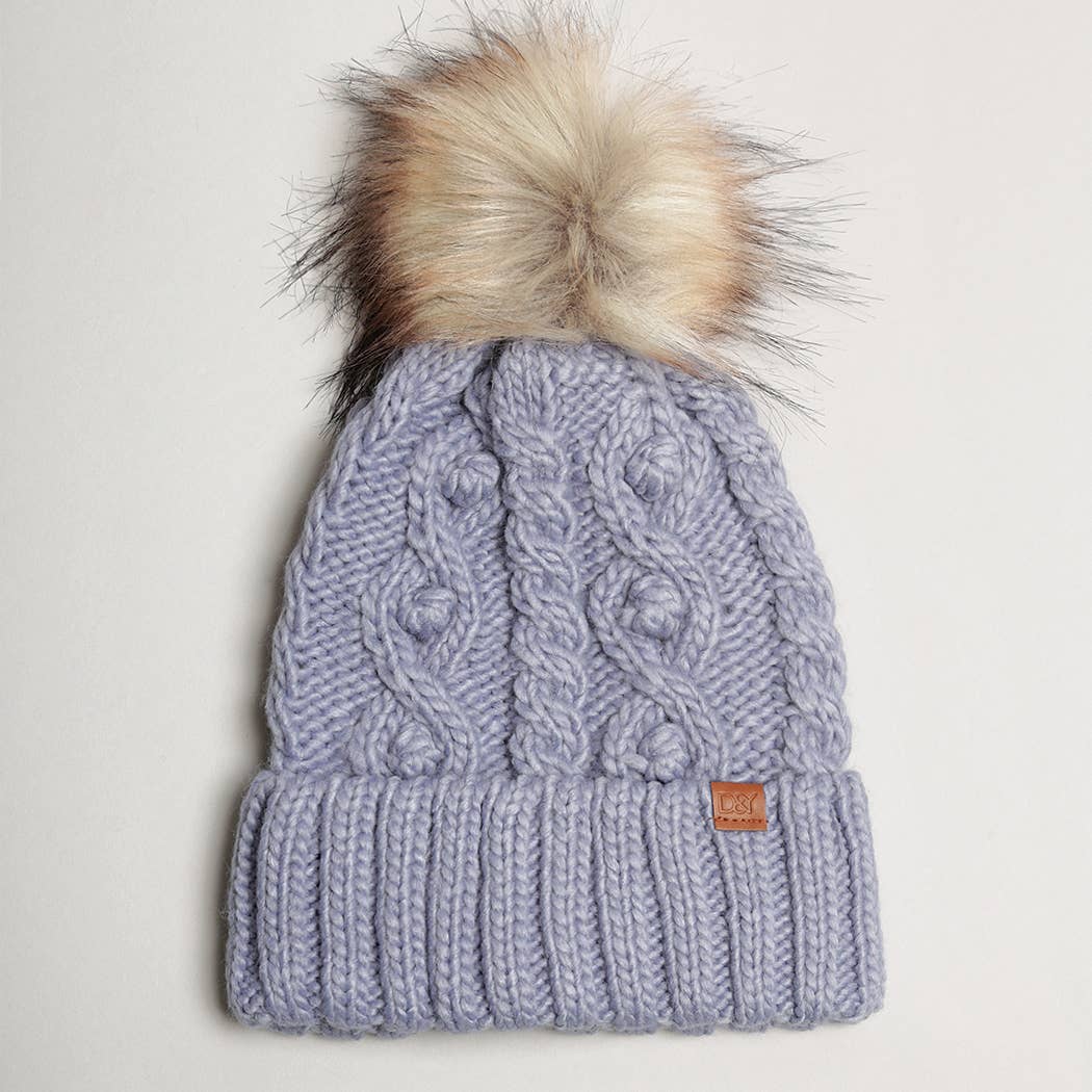 Popcorn Trim Knit Beanie w Faux Fur Pom: Pink / One Size