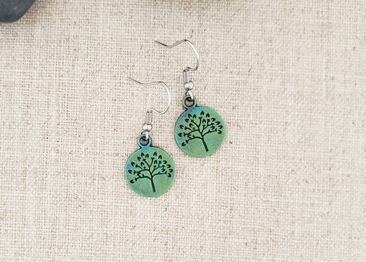 Brass Small Tree of Life Paint Patina Earrings