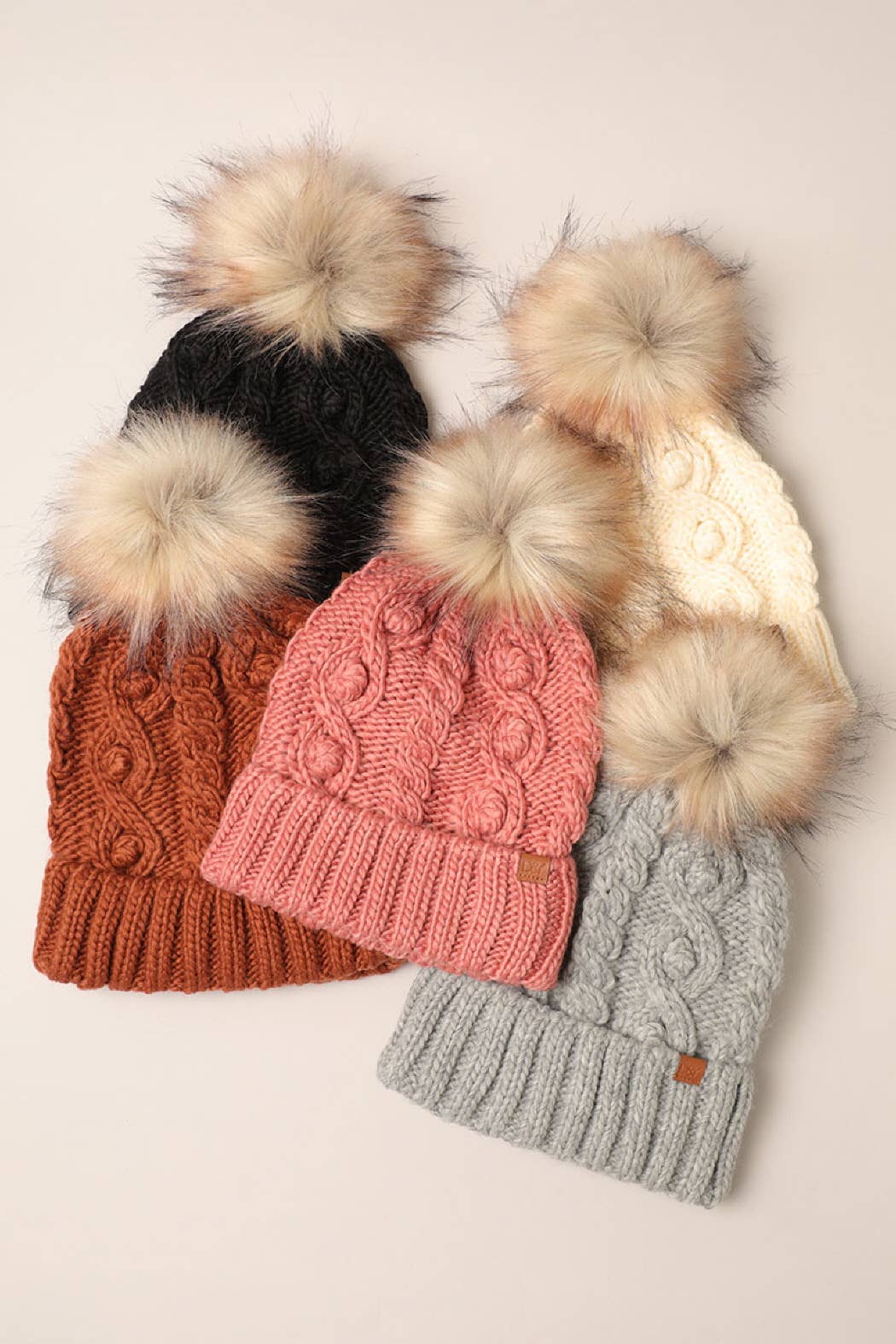 Popcorn Trim Knit Beanie w Faux Fur Pom: Pink / One Size